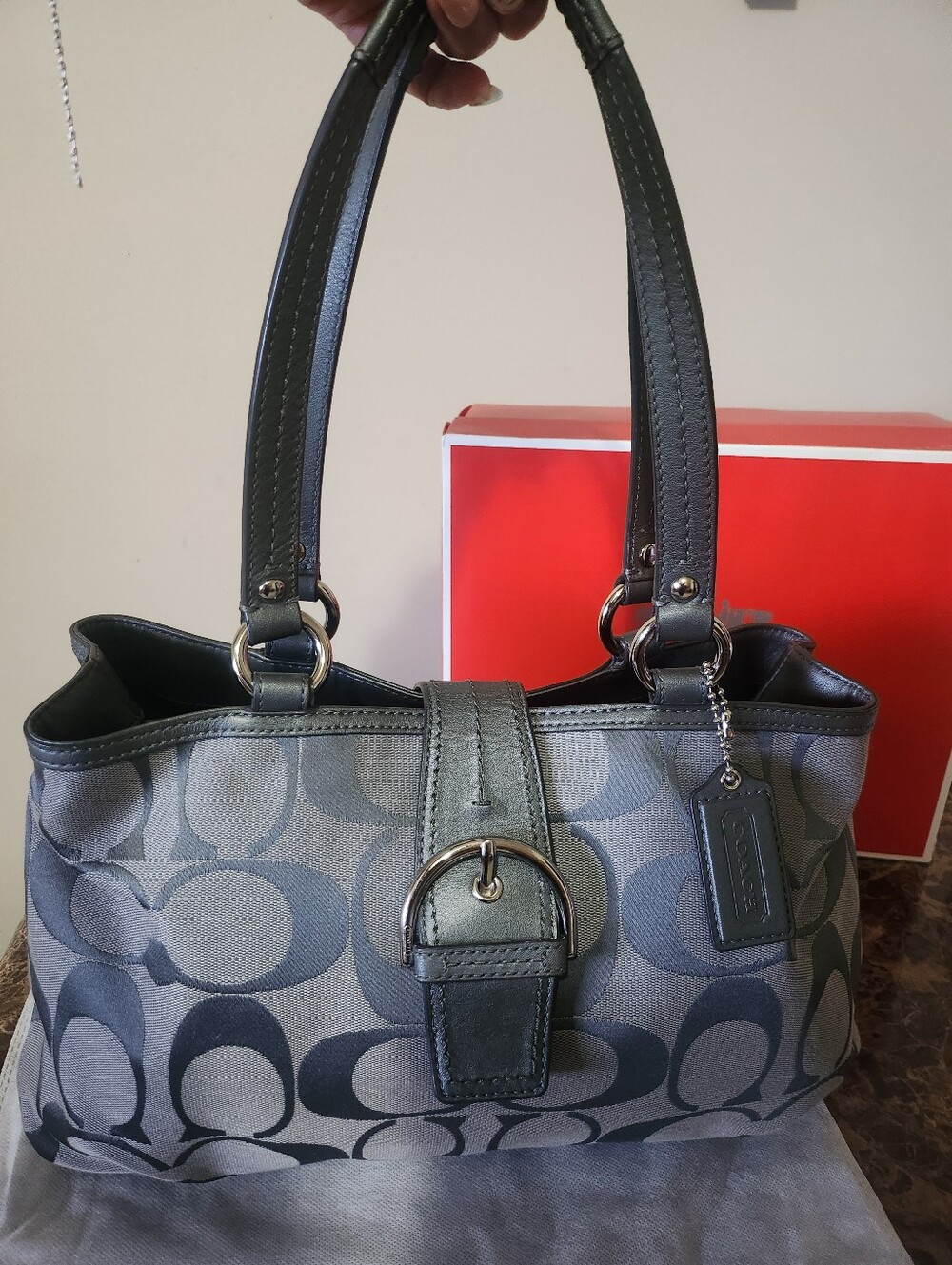 Coach Gray Signature Canvas Shoulder Bag with Leather Trim EUC - Picture 3 of 14